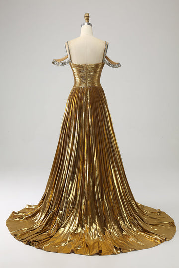 Stunning A Line Off the Shoulder Gold Long Prom Dress med nøkkelhull